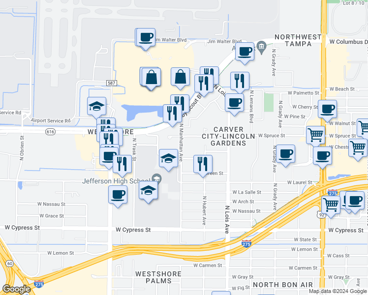 map of restaurants, bars, coffee shops, grocery stores, and more near 1805 North Manhattan Avenue in Tampa