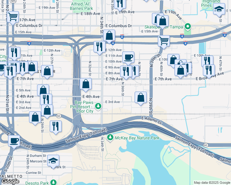 map of restaurants, bars, coffee shops, grocery stores, and more near 3600 East 4th Avenue in Tampa
