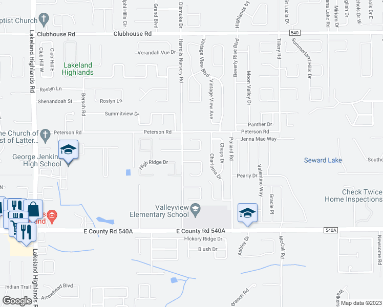 map of restaurants, bars, coffee shops, grocery stores, and more near 2855 Meridian Point Lane in Lakeland
