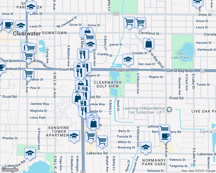 map of restaurants, bars, coffee shops, grocery stores, and more near 610 South Betty Lane in Clearwater