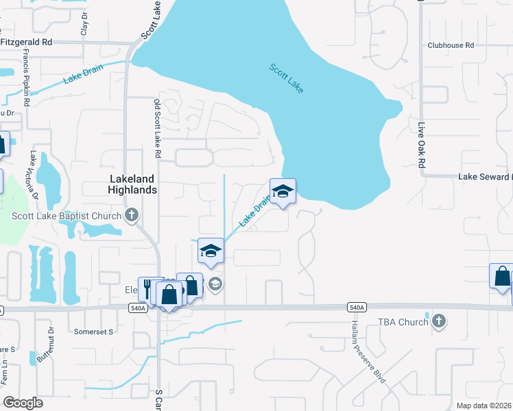 map of restaurants, bars, coffee shops, grocery stores, and more near in Lakeland