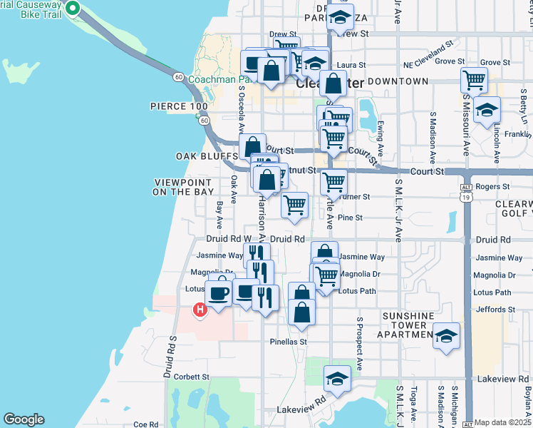 map of restaurants, bars, coffee shops, grocery stores, and more near 639 Pine Street in Clearwater