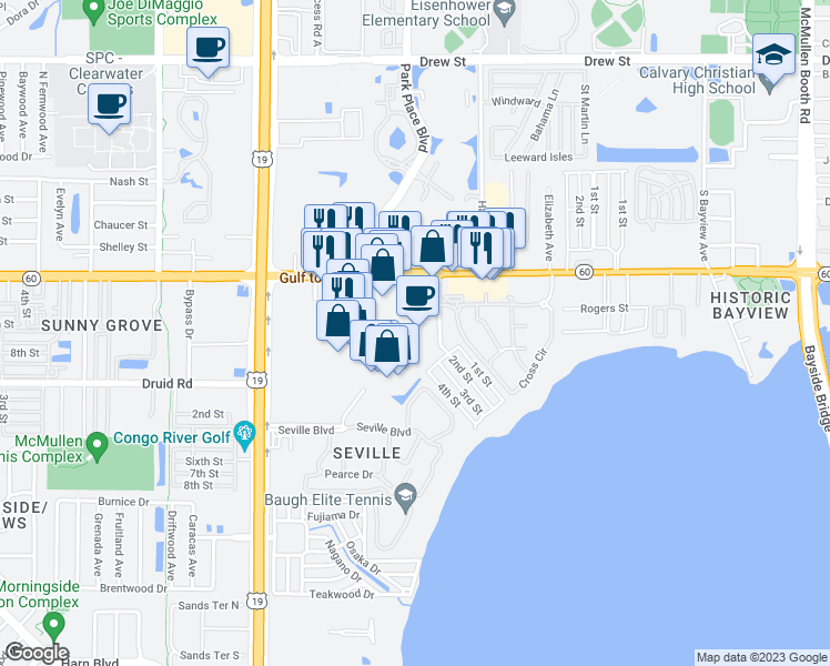 map of restaurants, bars, coffee shops, grocery stores, and more near 2747 Gulf to Bay Boulevard in Clearwater