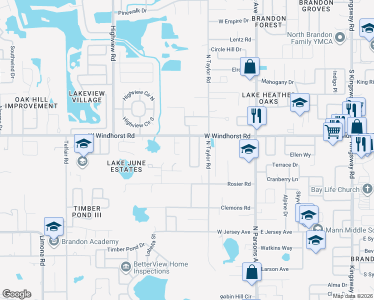 map of restaurants, bars, coffee shops, grocery stores, and more near 1205 West Camellia Drive in Brandon