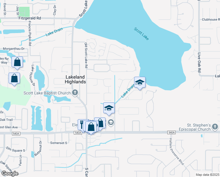 map of restaurants, bars, coffee shops, grocery stores, and more near 1153 Colony Arms Drive in Lakeland