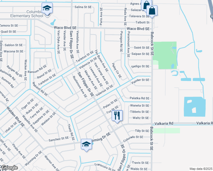 map of restaurants, bars, coffee shops, grocery stores, and more near 1586 Van Camp Avenue Southeast in Palm Bay