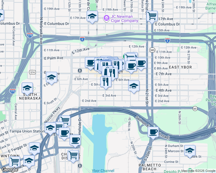 map of restaurants, bars, coffee shops, grocery stores, and more near 1602 East 4th Avenue in Tampa