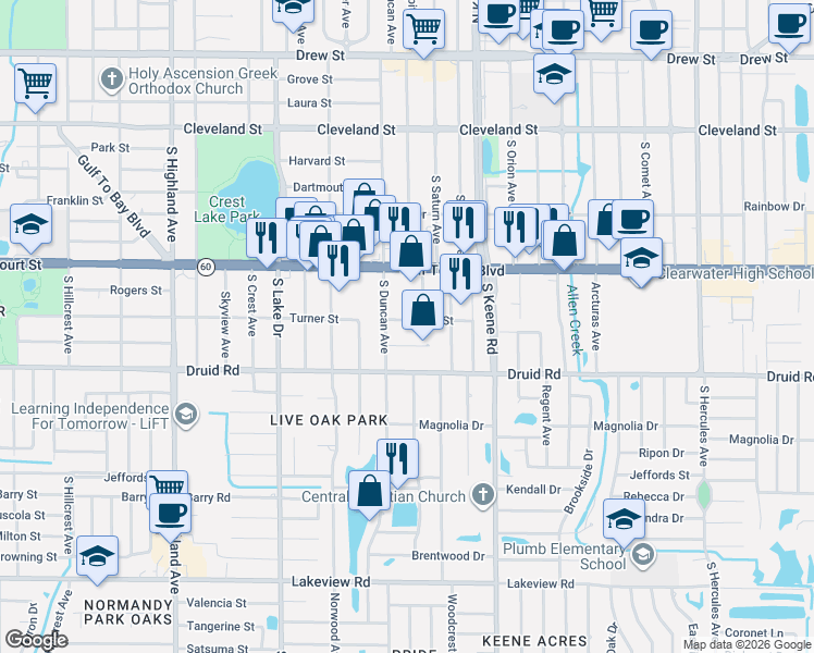 map of restaurants, bars, coffee shops, grocery stores, and more near 1727 Turner Street in Clearwater