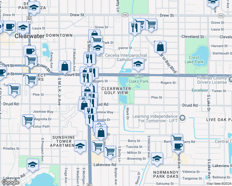 map of restaurants, bars, coffee shops, grocery stores, and more near 610 South Betty Lane in Clearwater