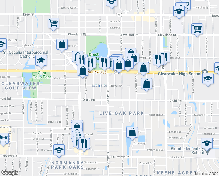 map of restaurants, bars, coffee shops, grocery stores, and more near 1567 Turner Street in Clearwater