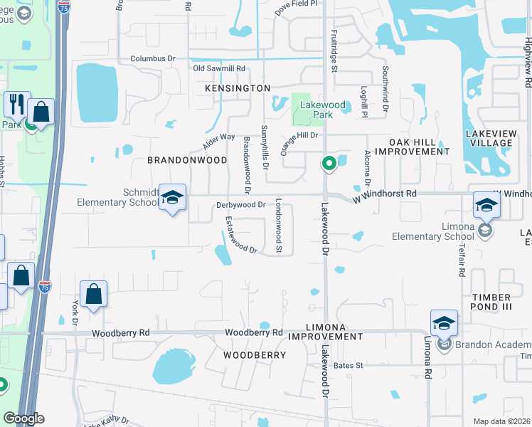 map of restaurants, bars, coffee shops, grocery stores, and more near 1201 Croydonwood Circle in Brandon