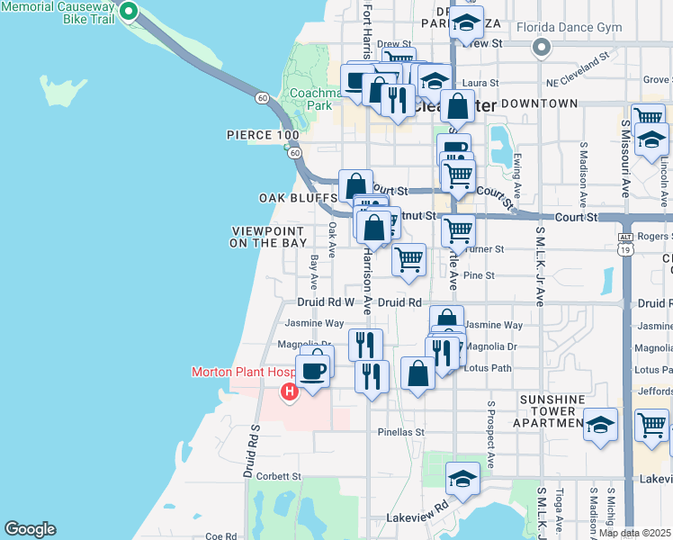 map of restaurants, bars, coffee shops, grocery stores, and more near 613 Oak Avenue in Clearwater