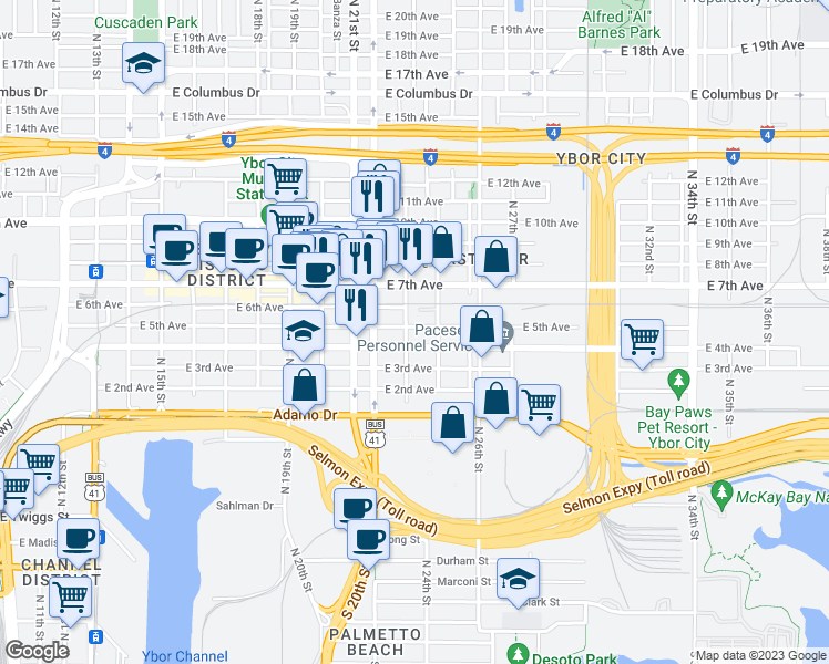 map of restaurants, bars, coffee shops, grocery stores, and more near 2307 East 5th Avenue in Tampa