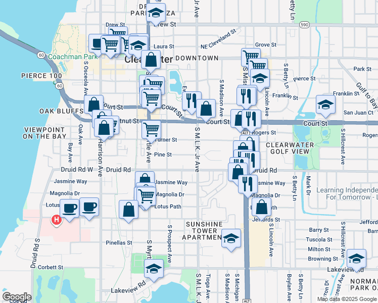 map of restaurants, bars, coffee shops, grocery stores, and more near 1006 Pine Street in Clearwater
