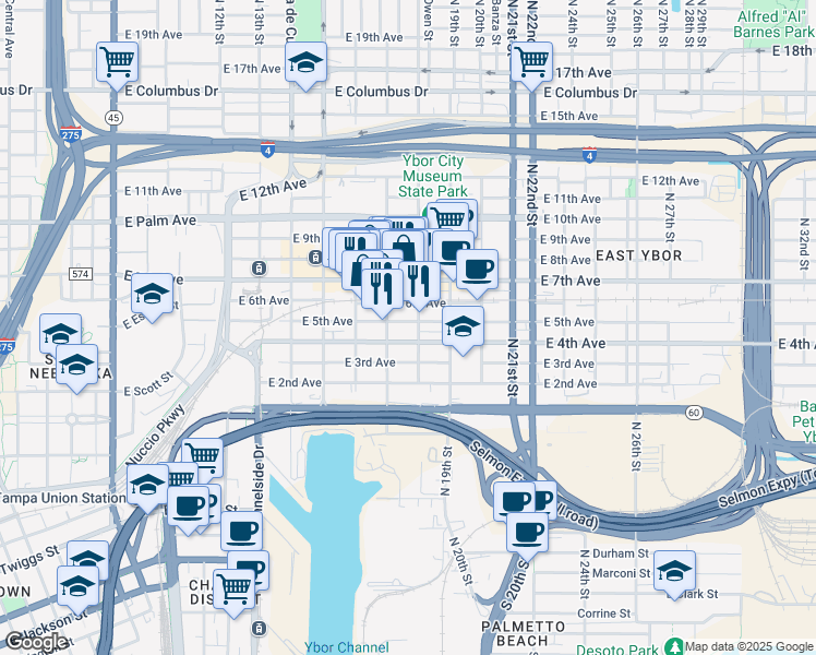 map of restaurants, bars, coffee shops, grocery stores, and more near 1709 East 5th Avenue in Tampa