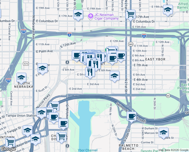 map of restaurants, bars, coffee shops, grocery stores, and more near 1503 North 16th Street in Tampa