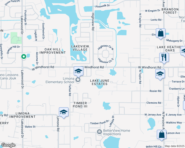 map of restaurants, bars, coffee shops, grocery stores, and more near 1201 Windy Hill Drive in Brandon
