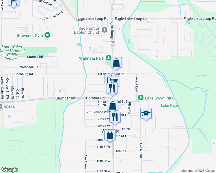 map of restaurants, bars, coffee shops, grocery stores, and more near 106 2nd Terrace West in Winter Haven