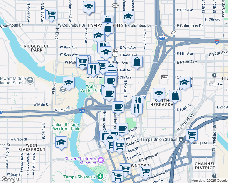 map of restaurants, bars, coffee shops, grocery stores, and more near 1502 Florida 685 in Tampa