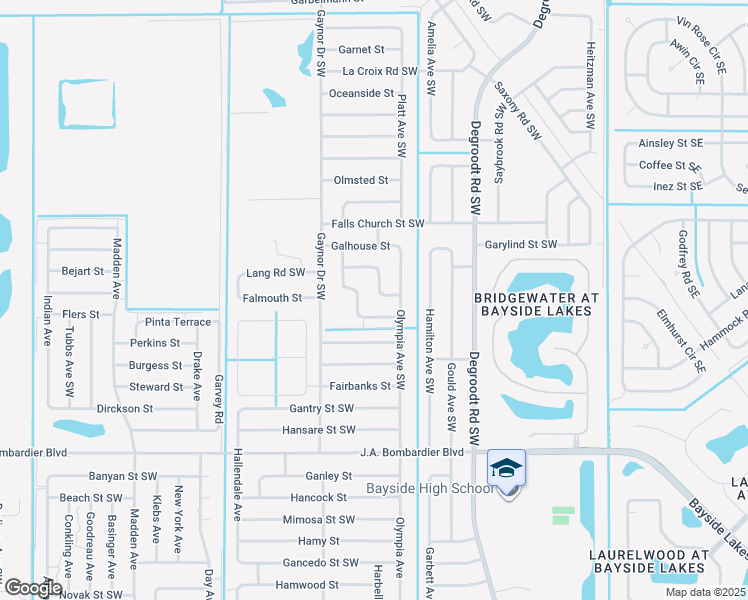 map of restaurants, bars, coffee shops, grocery stores, and more near 430 Sayre Road Southwest in Palm Bay