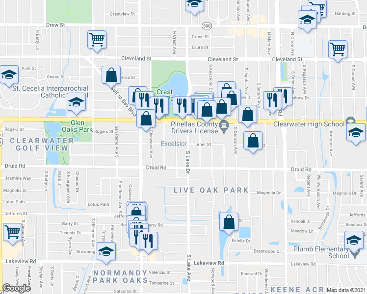 map of restaurants, bars, coffee shops, grocery stores, and more near 1567 Turner Street in Clearwater