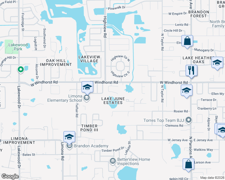 map of restaurants, bars, coffee shops, grocery stores, and more near 714 June Lake Lane in Brandon