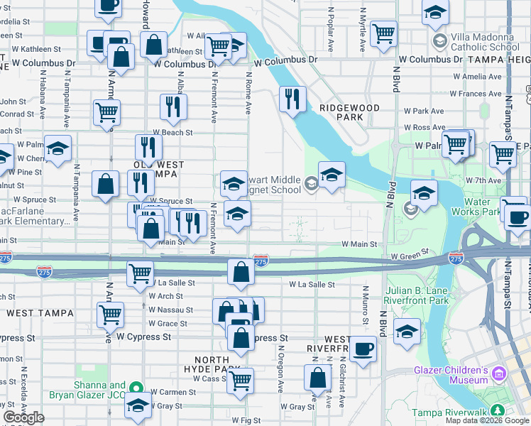 map of restaurants, bars, coffee shops, grocery stores, and more near 1542 Chestnut Street in Tampa