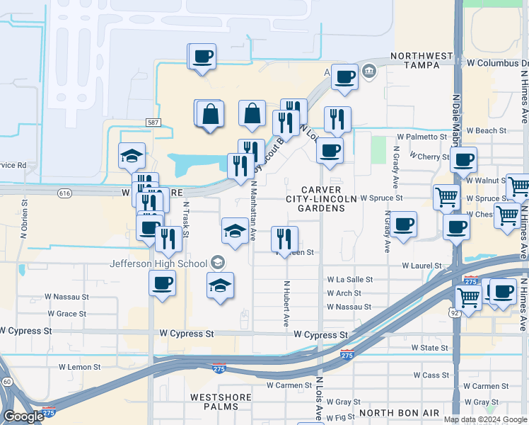 map of restaurants, bars, coffee shops, grocery stores, and more near 1805 North Manhattan Avenue in Tampa