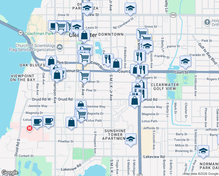 map of restaurants, bars, coffee shops, grocery stores, and more near 1006 Pine Street in Clearwater
