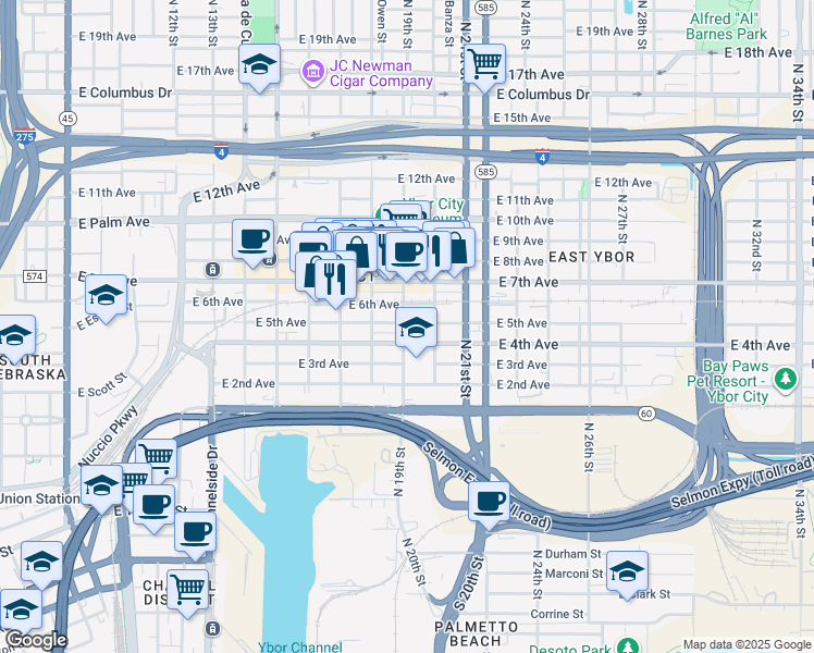 map of restaurants, bars, coffee shops, grocery stores, and more near 1819 East 5th Avenue in Tampa