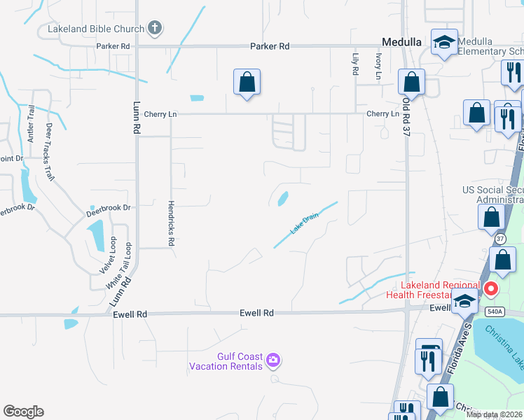 map of restaurants, bars, coffee shops, grocery stores, and more near 1345 Windsong Drive in Lakeland