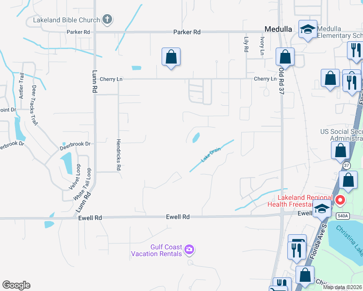 map of restaurants, bars, coffee shops, grocery stores, and more near 1345 Windsong Drive in Lakeland