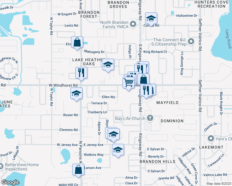 map of restaurants, bars, coffee shops, grocery stores, and more near 406 Ellen Way in Brandon
