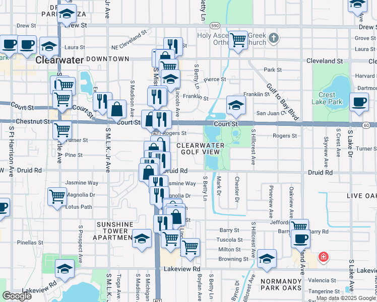 map of restaurants, bars, coffee shops, grocery stores, and more near 610 Sally Lane South in Clearwater