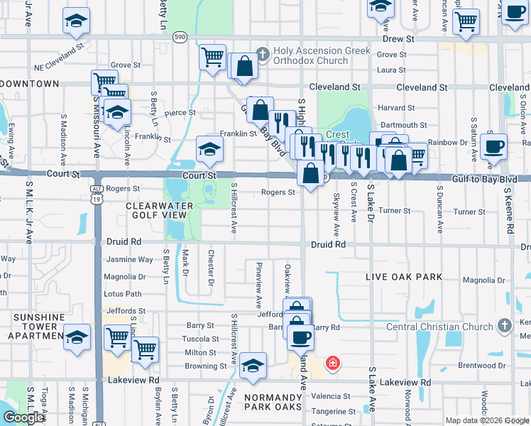 map of restaurants, bars, coffee shops, grocery stores, and more near 1439 Turner Street in Clearwater