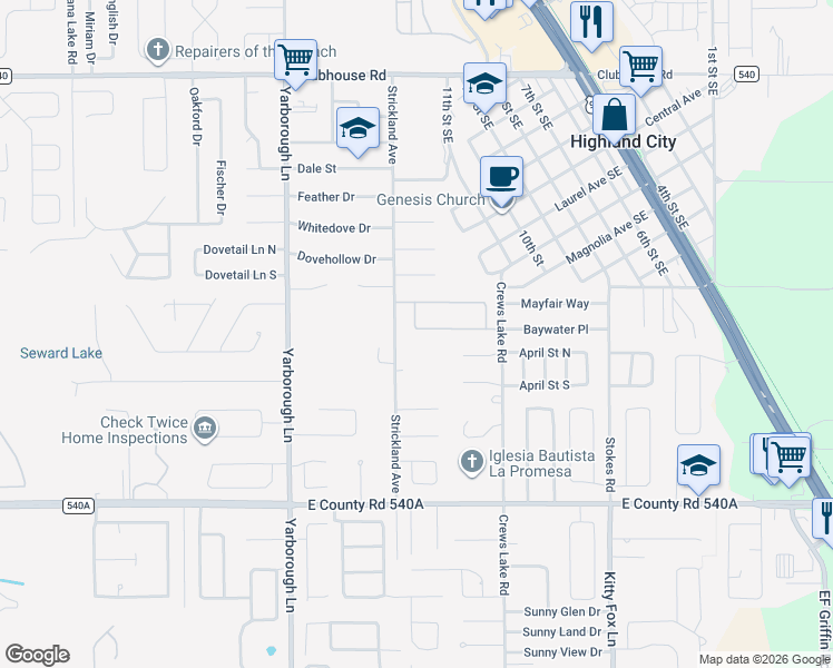 map of restaurants, bars, coffee shops, grocery stores, and more near 5910 Strickland Avenue in Lakeland