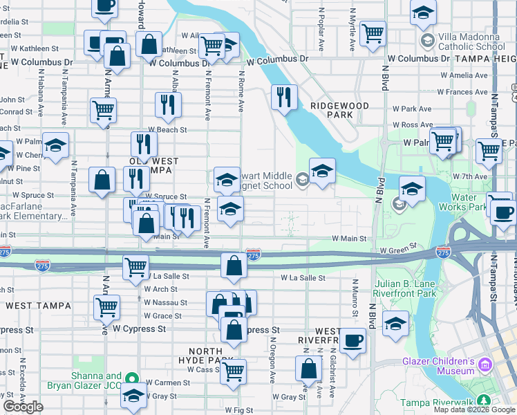 map of restaurants, bars, coffee shops, grocery stores, and more near 1542 Chestnut Street in Tampa