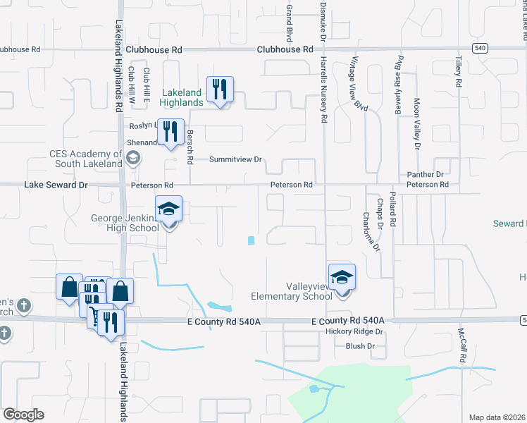 map of restaurants, bars, coffee shops, grocery stores, and more near 5778 High Ridge Loop in Lakeland