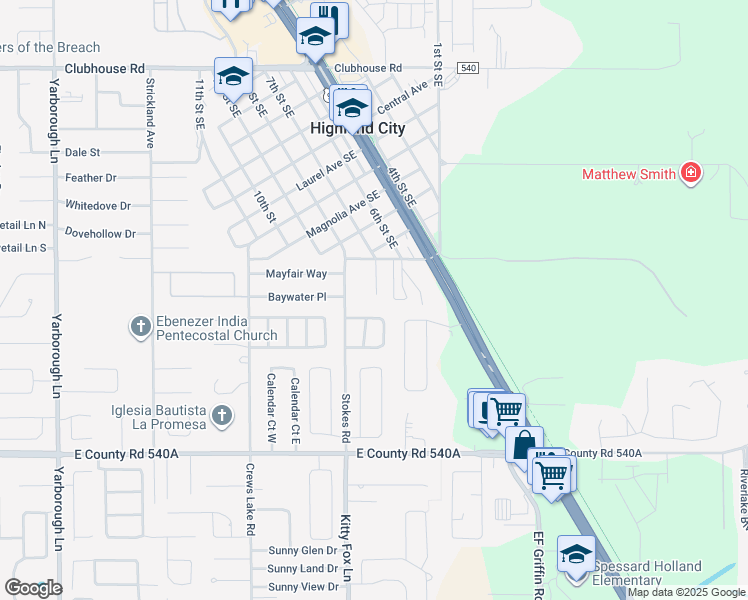 map of restaurants, bars, coffee shops, grocery stores, and more near 5857 Charlton Drive in Lakeland