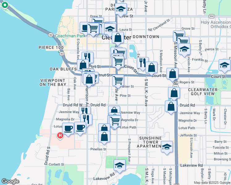 map of restaurants, bars, coffee shops, grocery stores, and more near 613 South Myrtle Avenue in Clearwater
