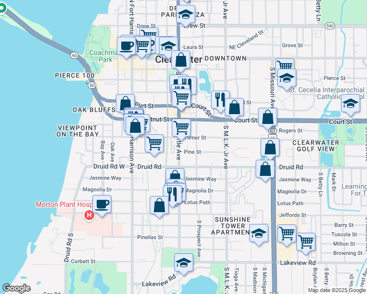 map of restaurants, bars, coffee shops, grocery stores, and more near 613 South Myrtle Avenue in Clearwater