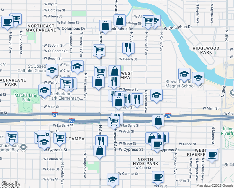 map of restaurants, bars, coffee shops, grocery stores, and more near 2126 West Chestnut Street in Tampa