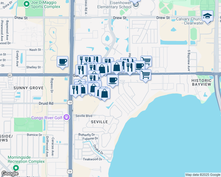 map of restaurants, bars, coffee shops, grocery stores, and more near 2747 Gulf to Bay Boulevard in Clearwater