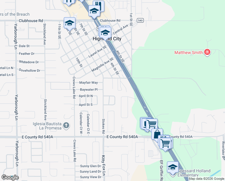 map of restaurants, bars, coffee shops, grocery stores, and more near 4316 Hedge Drive South in Lakeland