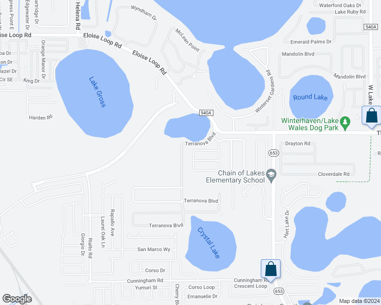 map of restaurants, bars, coffee shops, grocery stores, and more near 573 Terranova Circle in Winter Haven