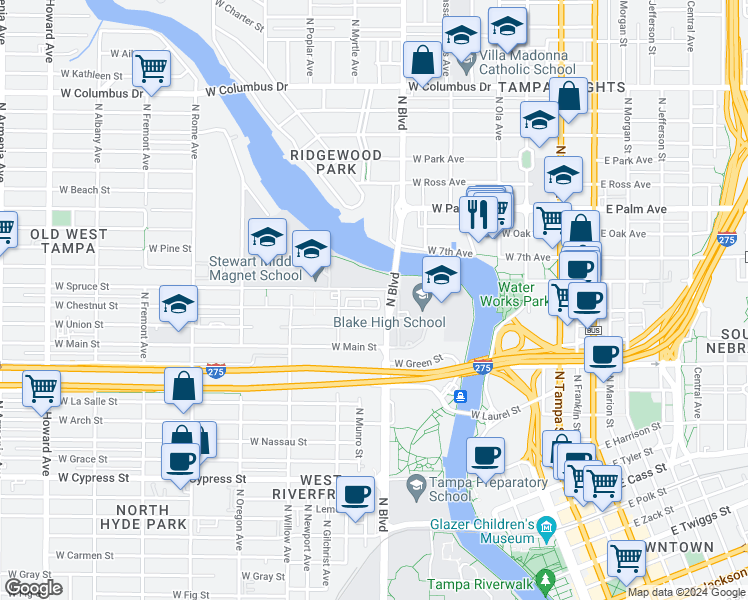 map of restaurants, bars, coffee shops, grocery stores, and more near 909 West Chestnut Street in Tampa