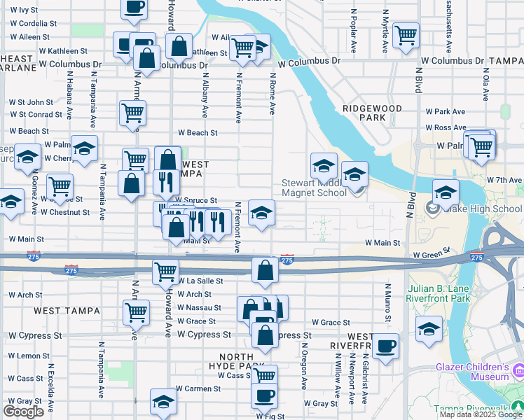 map of restaurants, bars, coffee shops, grocery stores, and more near 1716 West Chestnut Street in Tampa