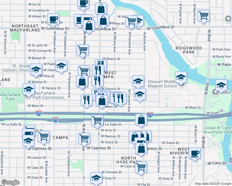 map of restaurants, bars, coffee shops, grocery stores, and more near 1942 West Chestnut Street in Tampa