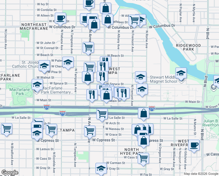 map of restaurants, bars, coffee shops, grocery stores, and more near 2126 West Chestnut Street in Tampa
