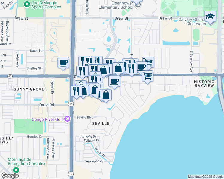 map of restaurants, bars, coffee shops, grocery stores, and more near 2747 Gulf to Bay Boulevard in Clearwater